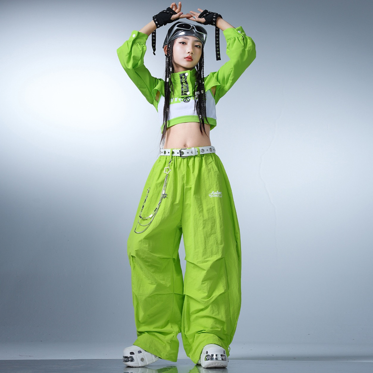 NO.2744 ライムグリーン ショートジャケット インナートップス ワイドパンツ 3点セット 商品画像1