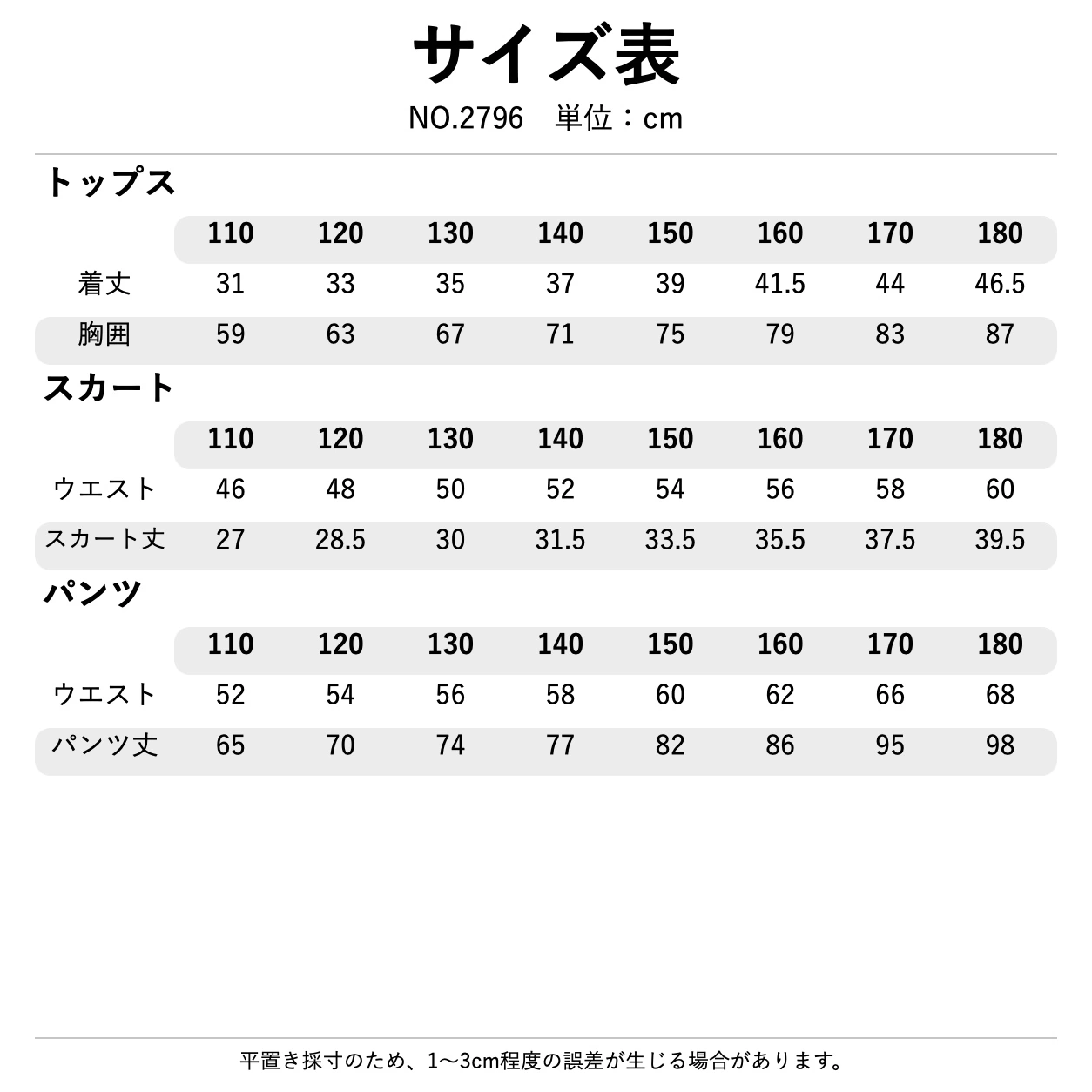 NO.2796 サイズ表・モデル情報
