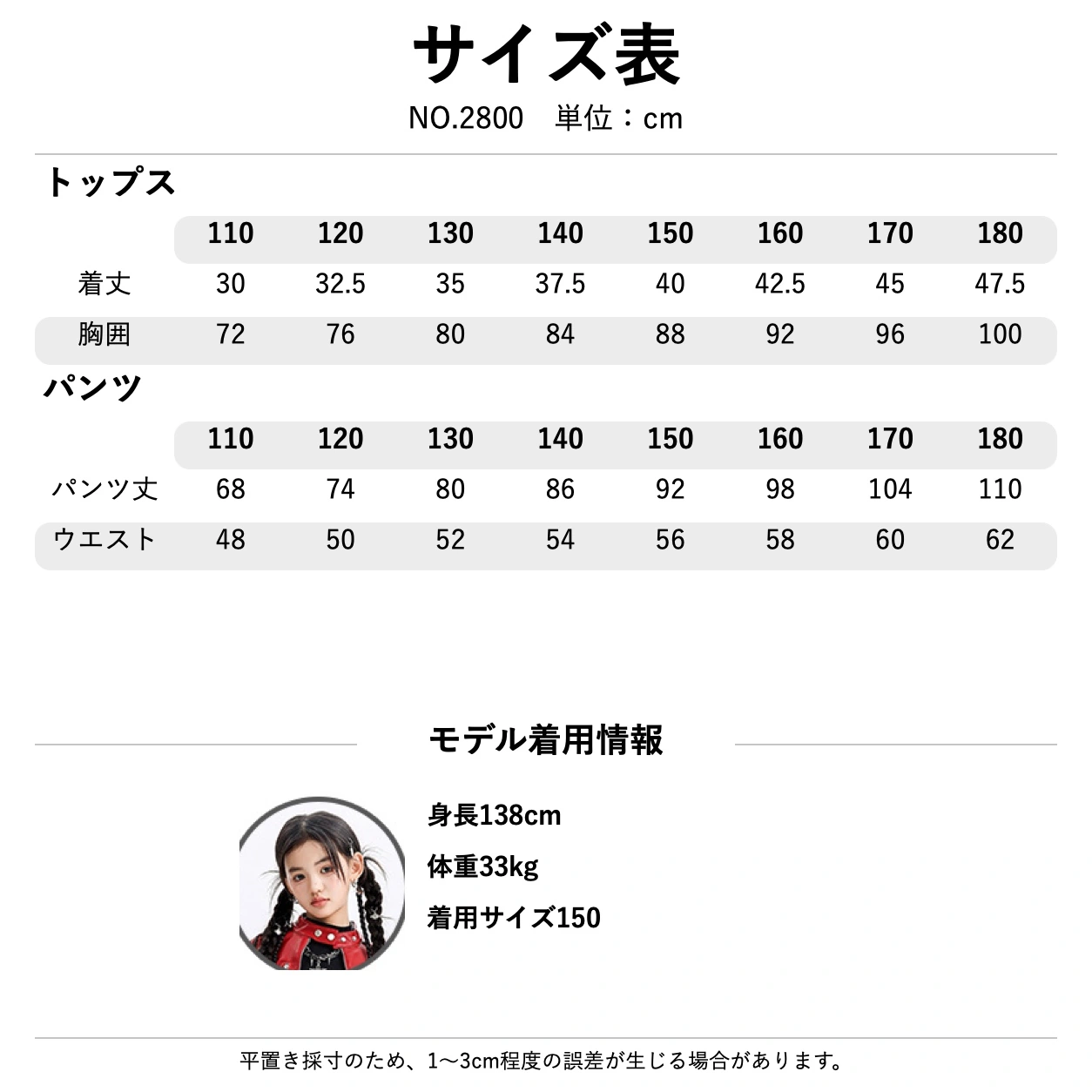 NO.2800 サイズ表・モデル情報