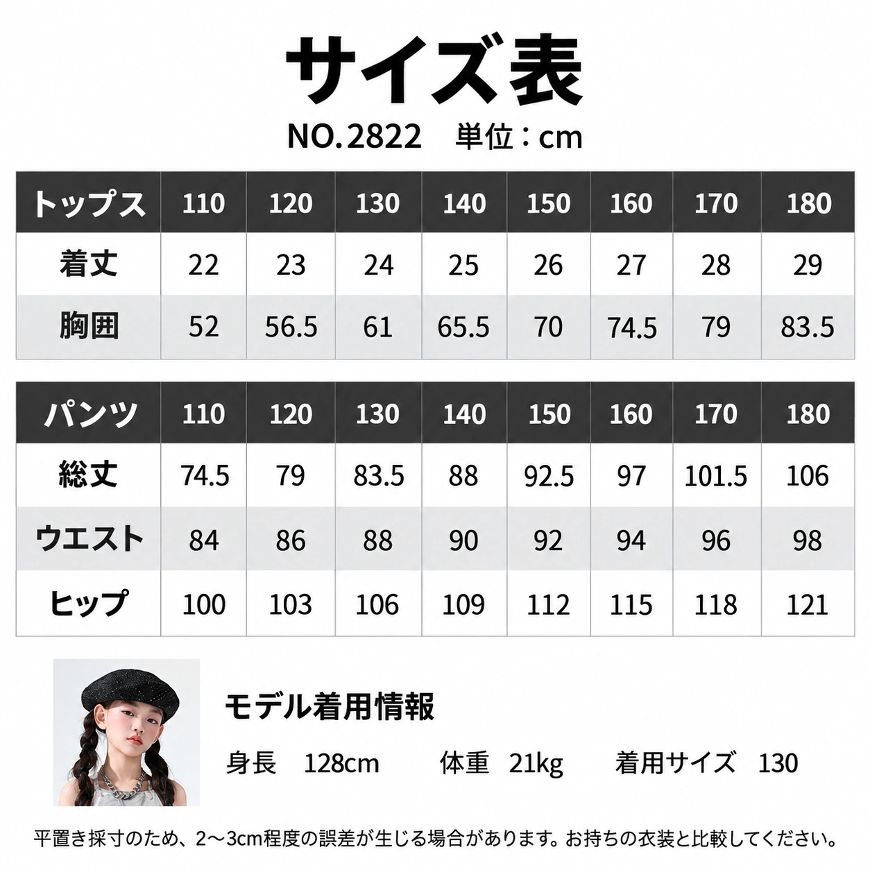NO.2822 サイズ表・モデル情報