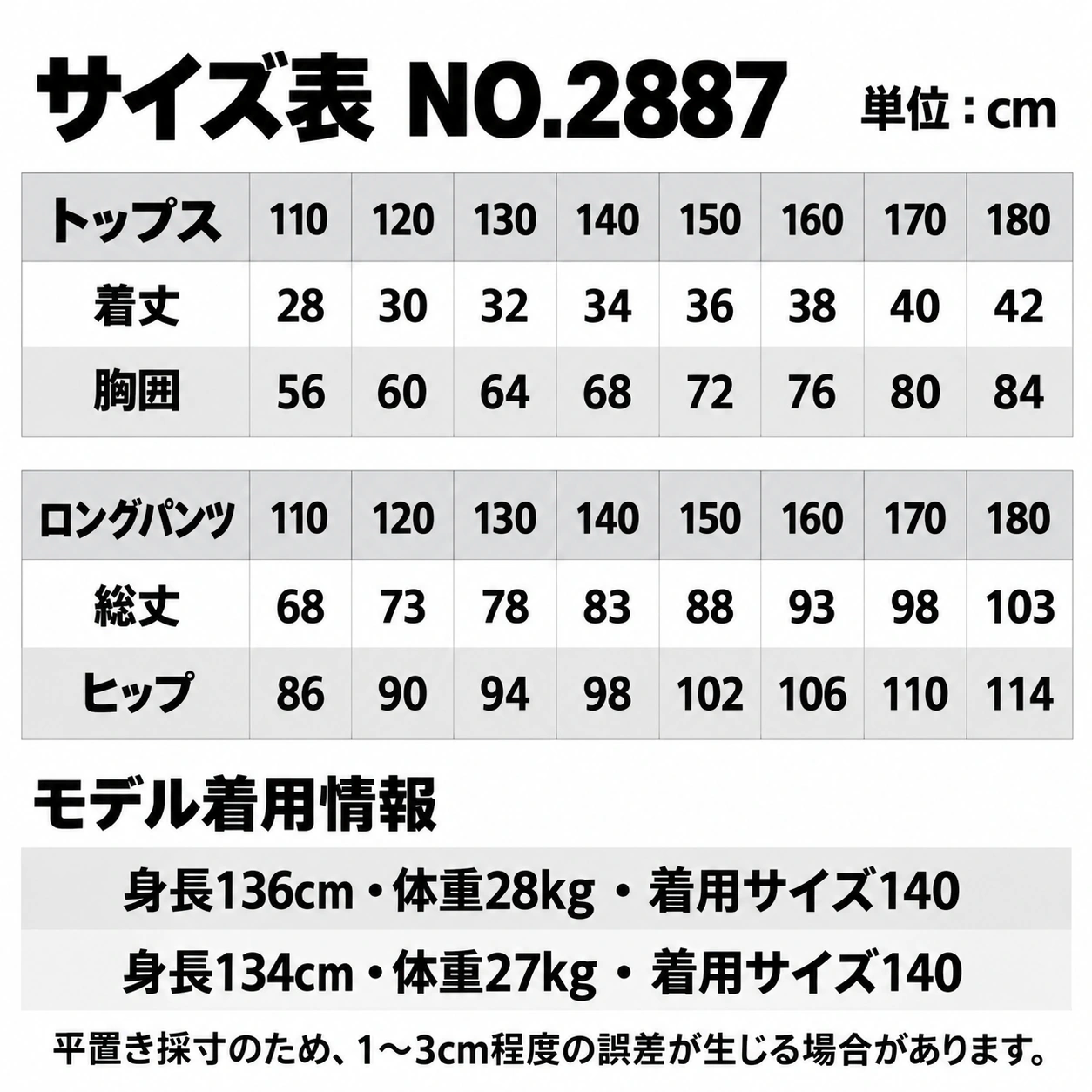 NO.2887 サイズ表・モデル情報