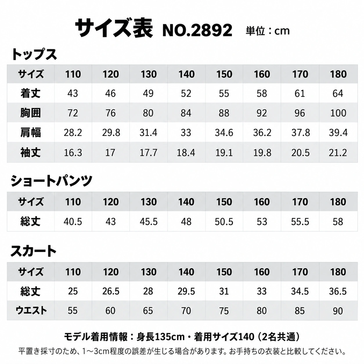 NO.2892 サイズ表・モデル情報