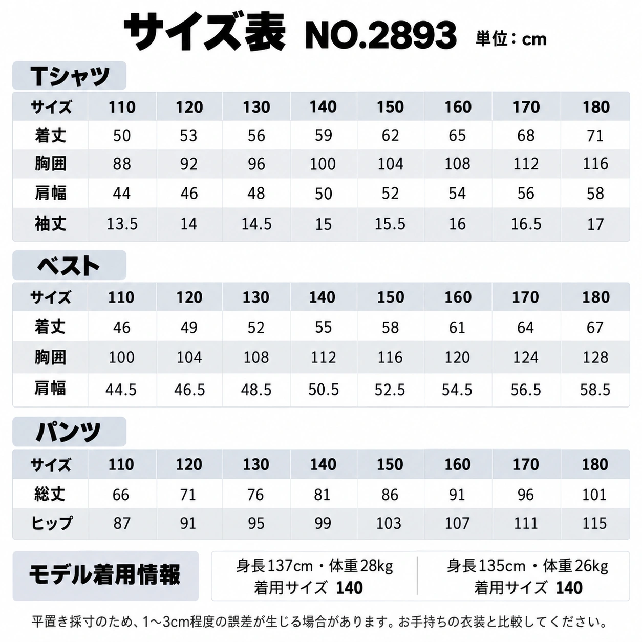 NO.2893 サイズ表・モデル情報