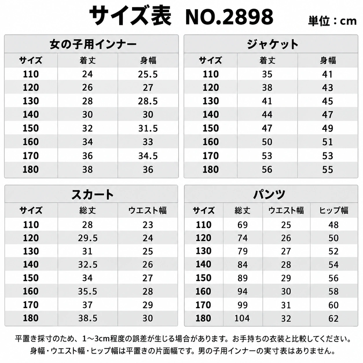 NO.2898 サイズ表・モデル情報