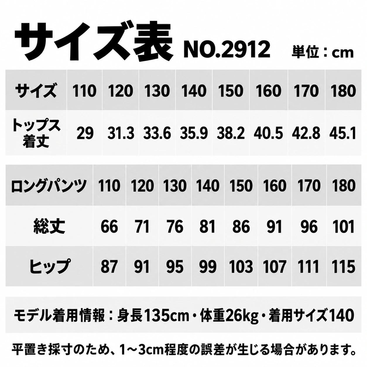 NO.2912 サイズ表・モデル情報
